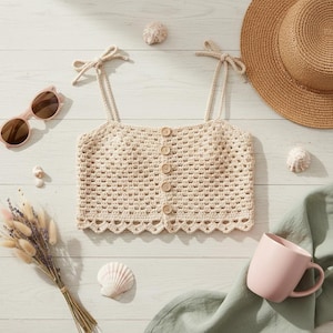 Crochet Crop Top Pattern PDF | Boho Button-Up Camisole with Tie Straps | Easy Summer Top Crochet Pattern | Instant Digital Download