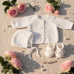 Handmade Crochet Baby Set | White Knit Cardigan Bonnet Booties | Newborn Coming Home Outfit | Baby Shower Gift | Artisan Baby Clothes