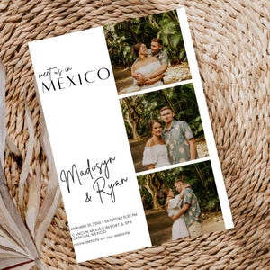 Bestemmingshuwelijksuitnodiging, minimalistische bestemmingshuwelijk: Save the Date, Mexico-bruiloft, tropische huwelijksuitnodiging of Save the Date