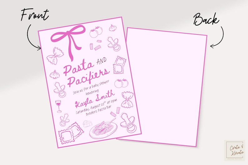 Puede incluir: Invitaci&oacute;n rosa para baby shower con el texto "Pasta and Pacifiers" e ilustraciones de pasta, chupetes y alimentos. La invitaci&oacute;n es para el baby shower de Kayla Smith el 25 de agosto.