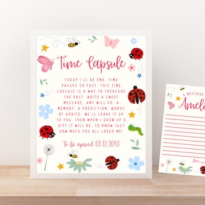 May include: A framed time capsule print with the text "Time Capsule" and decorative illustrations of butterflies, ladybugs, bees, and flowers. Includes a matching lined message card for "Amelia".