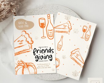 May include: Two cream-colored Friendsgiving dinner party invitations with orange illustrations of pie, wine, and pumpkins. The invitation text includes the date, time, and RSVP information. The design is minimalist and festive.