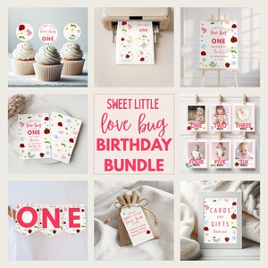 May include: A printable birthday party bundle with a sweet little love bug theme. The bundle includes a welcome sign, cupcake toppers, a banner, invitations, photo cards, favor tags, and a thank you card. The design features a pink and green color scheme with ladybugs, flowers, and butterflies.