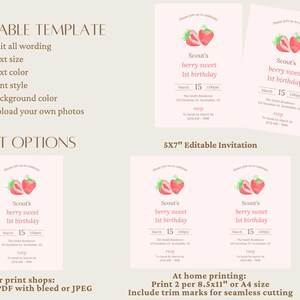 May include: Editable template for a 5x7 inch strawberry-themed first birthday invitation. The invitation features a pink background with a watercolor illustration of a strawberry and the text "Scout's berry sweet 1st birthday".