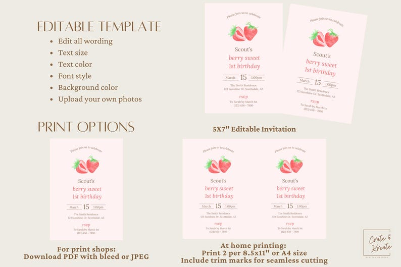 May include: Editable template for a 5x7 inch strawberry-themed first birthday invitation. The invitation features a pink background with a watercolor illustration of a strawberry and the text "Scout's berry sweet 1st birthday".