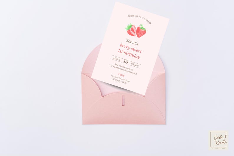 May include: Pink invitation with a strawberry graphic for Scout's 1st birthday party. The invitation includes the date, time, and location of the party. RSVP information is also included.