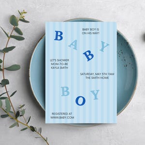 Invitation baby shower lettres tombantes | Invitation bleue modifiable (téléchargement numérique)