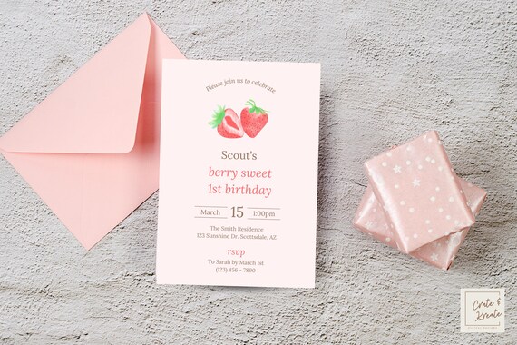 Berry Sweet Birthday Invite | Strawberry Invite | 1st Birthday Invite | Editable Birthday Invite | Digital Download | Canva Template |