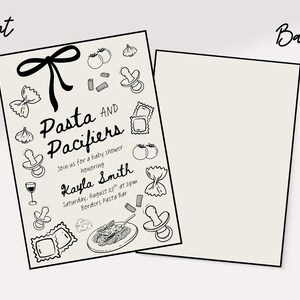Puede incluir: Invitaci&oacute;n a baby shower de color crema con el texto "Pasta and Pacifiers" e ilustraciones de pasta, chupetes y tomates. La parte posterior de la invitaci&oacute;n es en blanco.