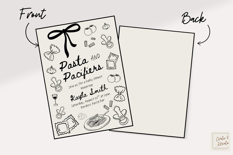 Puede incluir: Invitaci&oacute;n a baby shower de color crema con el texto "Pasta and Pacifiers" e ilustraciones de pasta, chupetes y tomates. La parte posterior de la invitaci&oacute;n es en blanco.