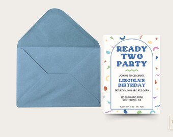 Könnte beinhalten: Eine farbenfrohe Geburtstagseinladung mit weißem Hintergrund und blauen, roten, gelben, grünen und orangefarbenen geometrischen Formen. Der Text lautet "Ready Two Party" in blauen Buchstaben mit einer Wellenlinie darunter. Die Einladung ist für Lincolns Geburtstagsparty am Samstag, den 3. Mai um 14:00 Uhr.