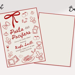 Puede incluir: Una invitaci&oacute;n a un baby shower con un borde rojo e ilustraciones de pasta, chupetes y otros alimentos. El texto dice "Pasta and Pacifiers" e incluye el nombre del homenajeado y los detalles del evento.