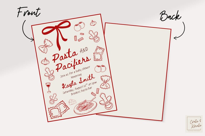 Puede incluir: Una invitaci&oacute;n a un baby shower con un borde rojo e ilustraciones de pasta, chupetes y otros alimentos. El texto dice "Pasta and Pacifiers" e incluye el nombre del homenajeado y los detalles del evento.