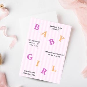 Invitation baby shower lettres tombantes | Modèle rose modifiable (téléchargement numérique)