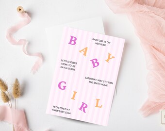 Invitación para baby shower con letras caídas / Plantilla rosa editable (descarga digital)