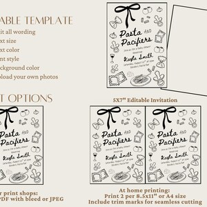Puede incluir: Plantilla de invitaci&oacute;n para baby shower en blanco y negro con el texto "Pasta and Pacifiers". El dise&ntilde;o incluye ilustraciones de pasta, chupetes y otros iconos relacionados con beb&eacute;s. La invitaci&oacute;n mide 12,7 x 17,8 cm.