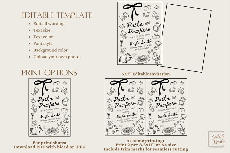 Puede incluir: Plantilla de invitaci&oacute;n para baby shower en blanco y negro con el texto "Pasta and Pacifiers". El dise&ntilde;o incluye ilustraciones de pasta, chupetes y otros iconos relacionados con beb&eacute;s. La invitaci&oacute;n mide 12,7 x 17,8 cm.