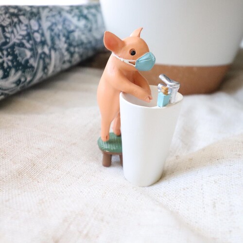Miniature Pig Figurine | Masked Pig Washing Hands, Cute Gift