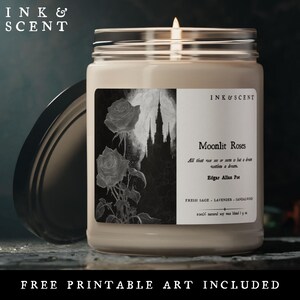 Romantic Roses and Castle Candle, Gothic Home Decor, Dark Academia Gift, Soy Scented Candle with Printable Art Gothic Romance Valentine Gift