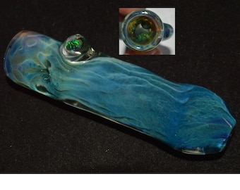 Glass Pipe Chillum Ice Pinch Double A. Purple and Deep Sea Blue Honeycomb Roots with Encased Green Opal - Handblown