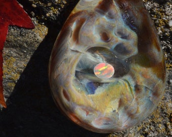 Glass Pendant Encased White Opal Honeycomb Roots Swirl and Sparkly Stardust - Handblown Discount Seconds