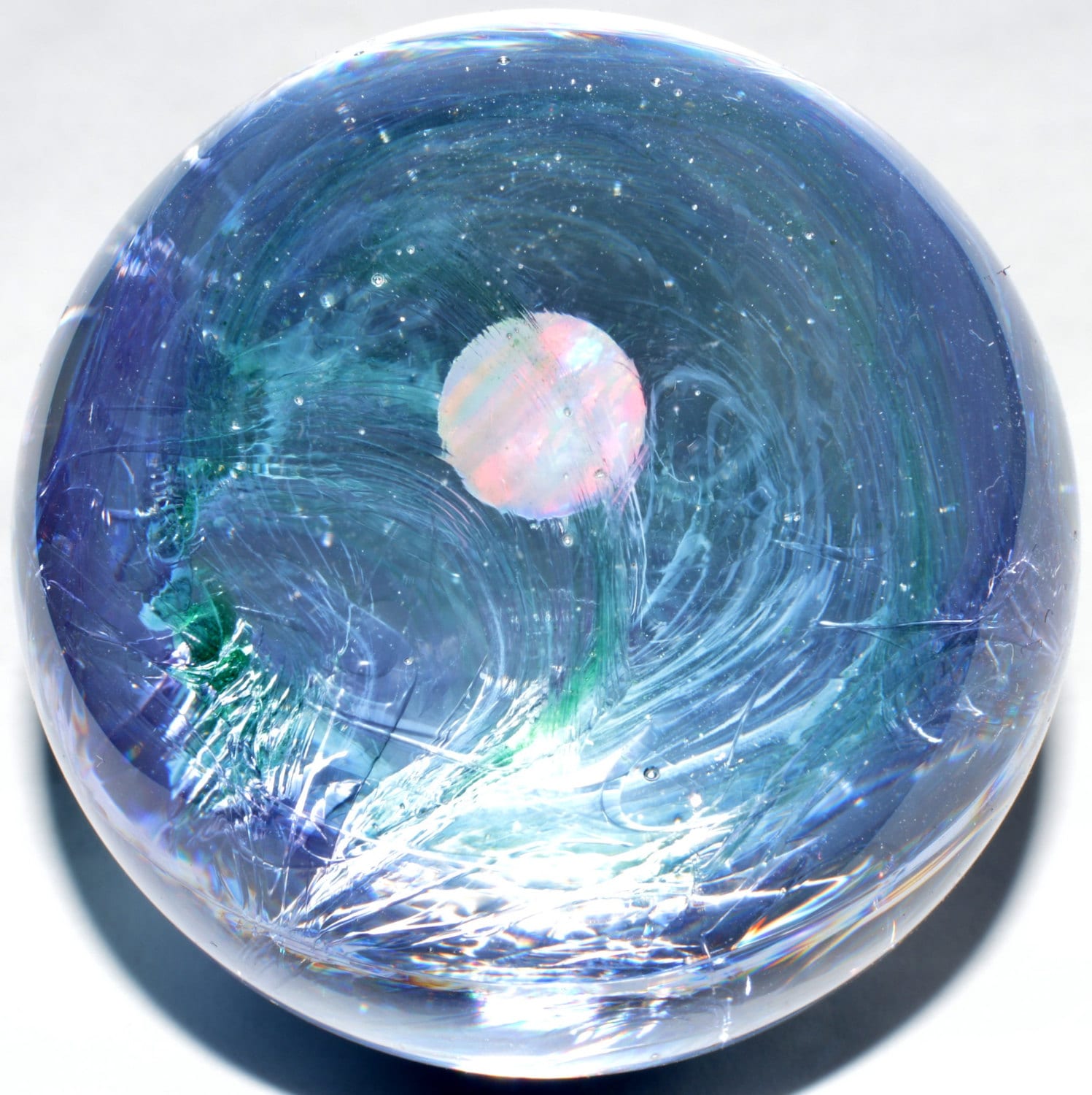 Galaxy Marble With Encased 5 Mm White Opal Planetoid In A Translucent 