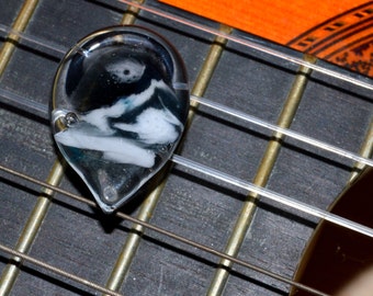 Black and White Striped Guitar Pick with Sparkly Blue Ribbon - Handmade Glass