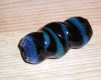 Unique Black and Blue Striped and Twisted Dread Bead - Handblown Glass