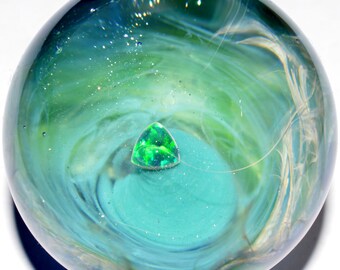 Exquisite Encased Green Trillium Opal Sparkle Galaxy Marble - Handblown Glass