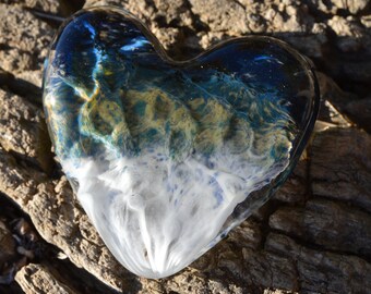 Glass Heart Sculpture in Blue Moon and Star White Honeycomb Roots - Handblown