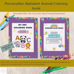 Alphabet druckbare Aktivitätsseiten | Personalisiertes ABC Malbuch | Benutzerdefinierter Name und Nachricht | Druckbare PDF | Tiere zum Ausmalen