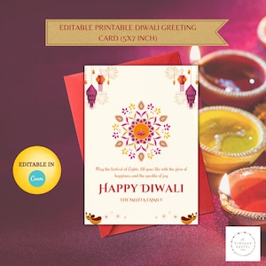 Editable Happy Diwali Greetings | Printable Beautiful Diwali Wish | Indian festival | Greeting Cards- Purple Rangoli Diya greeting card