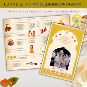 Peut inclure: Modèle de programme de mariage indien éditable avec un fond jaune et une photo du couple dans un cadre. Le programme comprend une liste de rituels de mariage indiens traditionnels avec des illustrations. Le texte "Bienvenue au mariage de Priya & Varun" est en haut du programme.