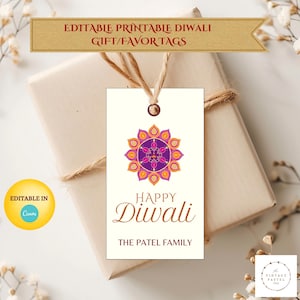 Etiqueta de presente ou lembrancinha personalizada para impressão editável e feliz Diwali | Etiqueta de presente Diwali | Etiquetas de presente Deepawali editáveis | Festival indiano das luzes