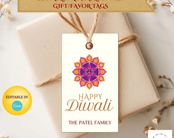 Puede incluir: Etiqueta de regalo imprimible con un diseño de mandala en tonos naranja, rosa y morado. La etiqueta dice "Feliz Diwali" y "La familia Patel".