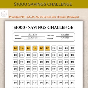 1000 Savings Challenge Printable | 1k Savings Challenge | Money Savings Goal | 100 Boxes Savings Tracker | 4 Sizes- Letter, A4, A5, A6