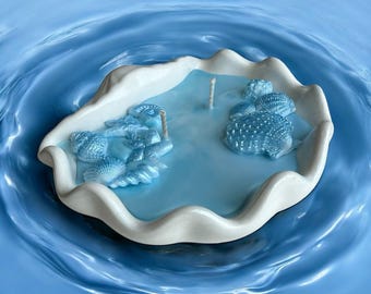 Seashell Coconut Wax Candle | Ocean Blue Decorative Candle | Handmade Coastal Home Decor | Beach Aesthetic Gift | Shell Bowl Candle