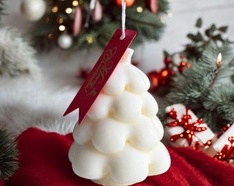 Christmas Tree Pillar Candles, Scented Soy Wax Candle, Holiday Candle.