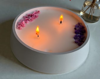 Handmade Concrete Soy Candle | Double Wick Floral Candle | Lavender Decor Candle | Minimalist Home Decor | Natural Gift for Her