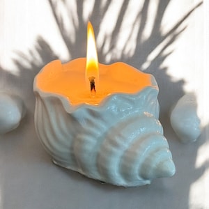 May include: A lit candle in a white seashell-shaped holder. The candle has a bright orange flame and a creamy wax interior. The holder has a textured, ridged design. Two small, white, pebble-shaped objects are on either side.