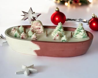 Christmas Scented Candle: Coconut Apricot Wax, Cherry Wood Wick, Concrete Boat Vessel, 10 oz