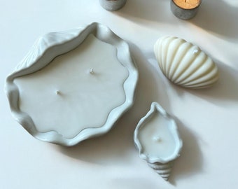 Set of 3 Concrete Shell Candles, Coconut Apricot Wax, Handmade in Florida