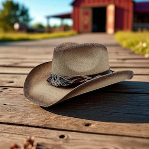 May include: A cowboy hat with a brown and tan woven design, resting on a wooden surface. The hat features a decorative band with a silver emblem and feather accents. The brim has a darker, shaded edge.