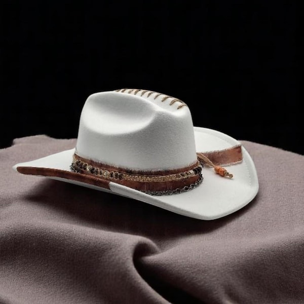 Tweed Cowboy Hat - Wide Brim Sun Hat with Feather Accents