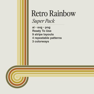 Könnte beinhalten: Retro Rainbow Super Pack Grafikelemente in verschiedenen Farben, darunter Braun, Gelb und Grün. Der Text "ai.svg.png Ready To Use 9 stripe layouts 4 repeatable patterns 3 colorways" ist im Bild enthalten.