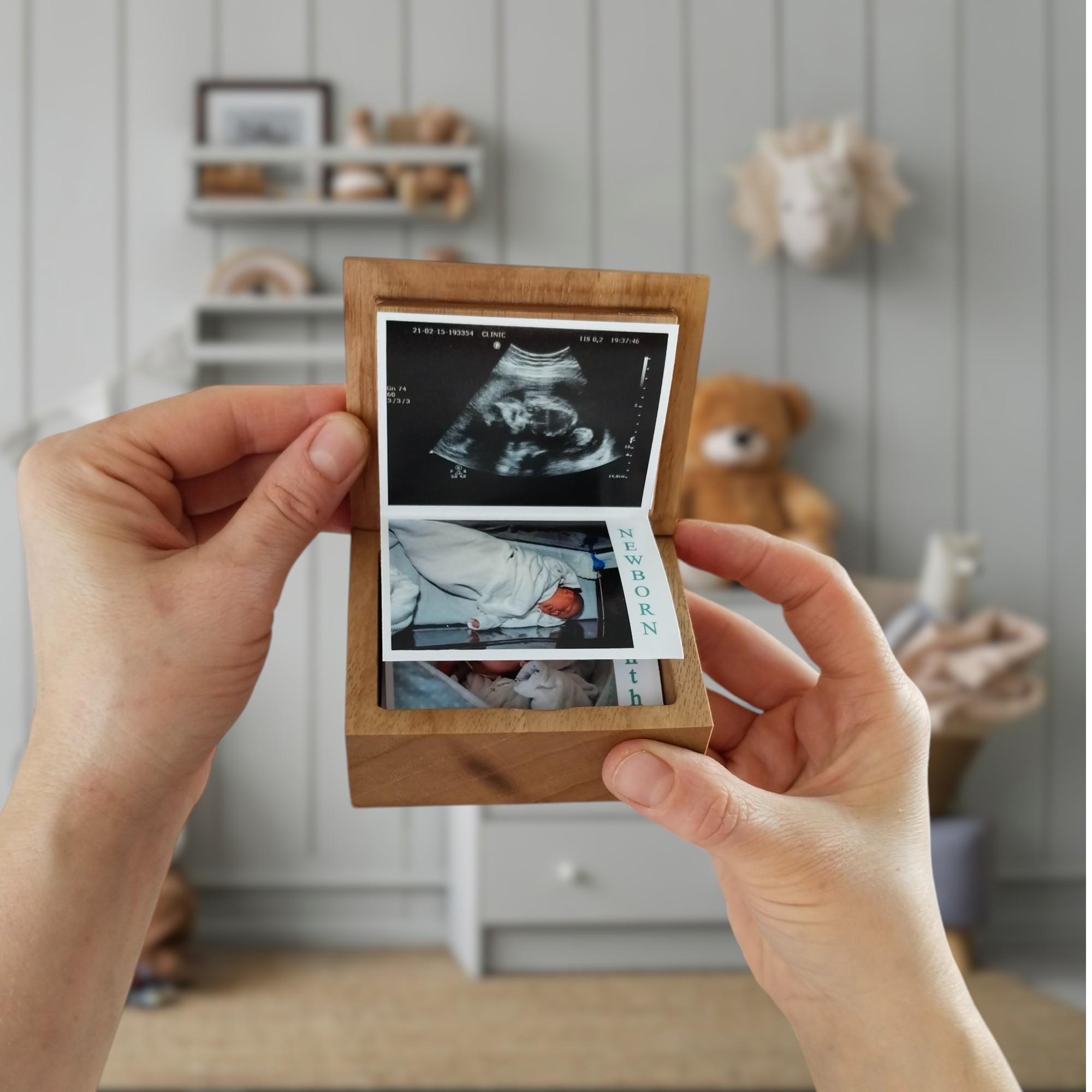 First birthday gift, Newborn Keepsake Gift, Pregnancy Ultrasound Picture Holder, Baby Shower Gift, Custom Baby Photo Box 14 Photos, Wooden
