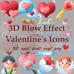 クリカット昇華転写用ラブシンボル満載の3Dアイコンバンドル、ロマンチックなバレンタインデーアイコンハートキット 50 eps psd svg png