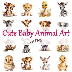 Pacchetto Clipart di animali selvatici africani 3D, cuccioli di tigre, gufo, elefante, scimmia, zebra, download immediato, decorazioni per la cameretta dei bambini, 59 png