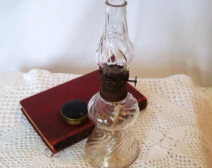 Antique Oil Lamp Small Miniature 8 Inch Clear Glass Swirl Etsy
