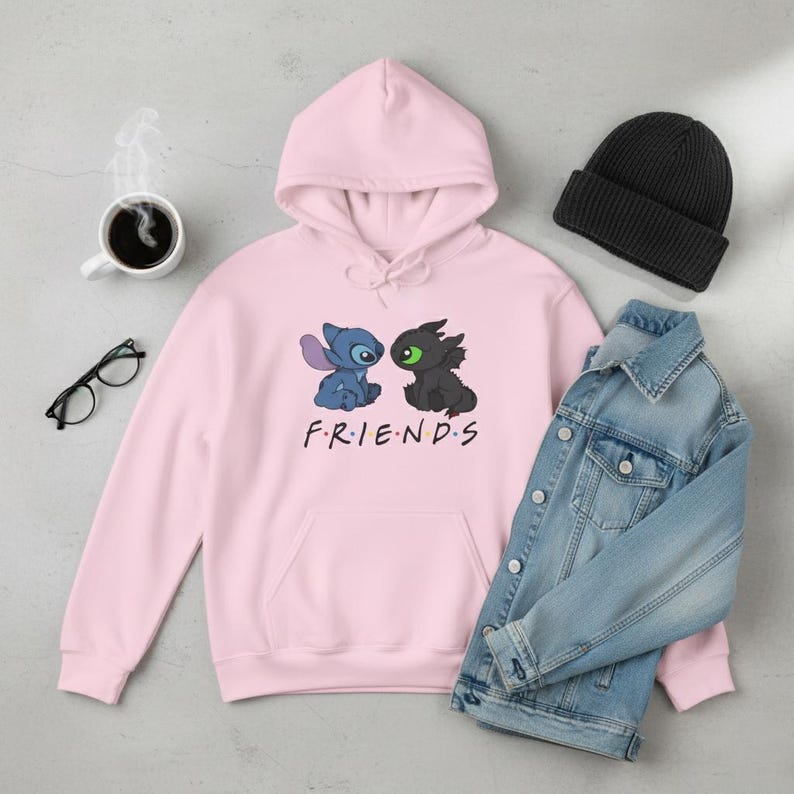 Stitch-Style Alien & Night Fury Friends Hoodie | How to train your dragon Sweatshirt Light Pink